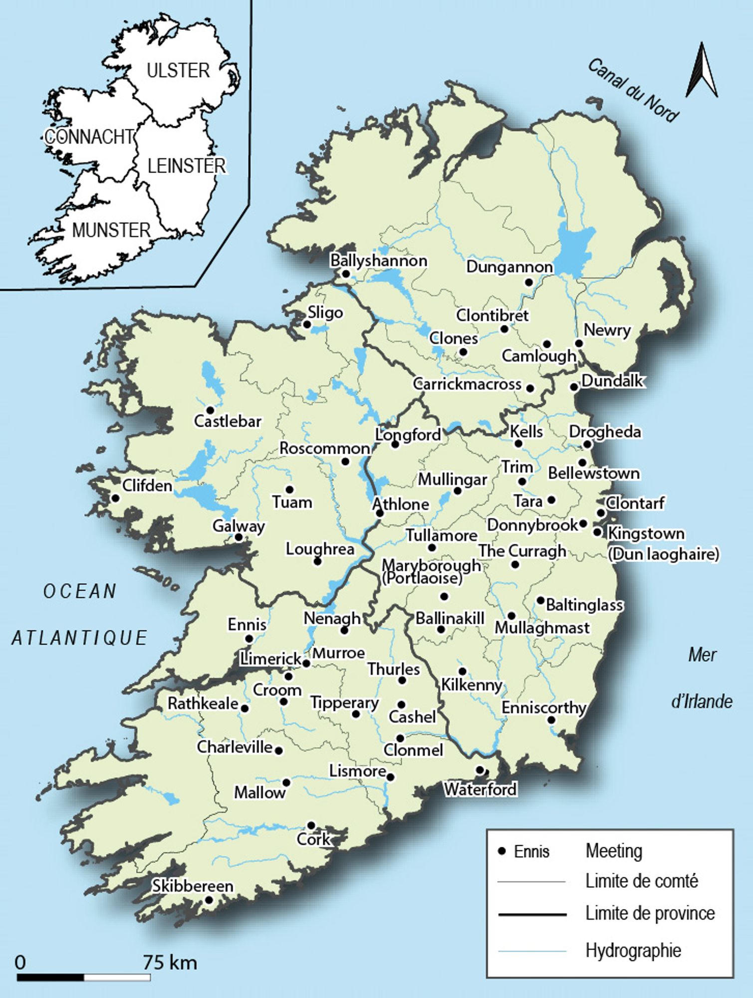 Irlande : carte des principaux Repeal meetings de 1843